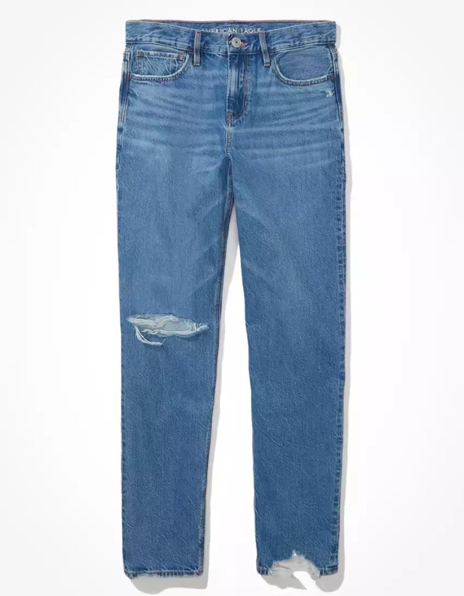 Jean American Eagle AE x The Redesign Ripped '90s Droit Bleu Femme | BNZ-18644518